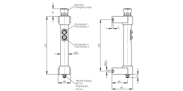 Technical drawing of handle FG16-02 showing front and side views with dimensions, push buttons, emergency stop, and connector details